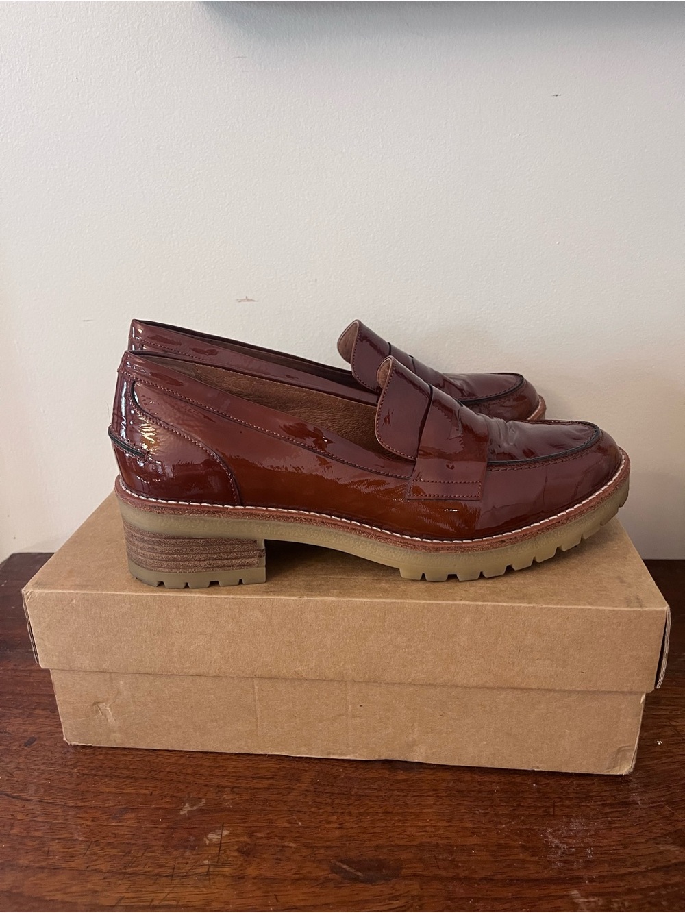 Women's Sessùn Glossy Burgundy Penny Loafers with Lug Sole